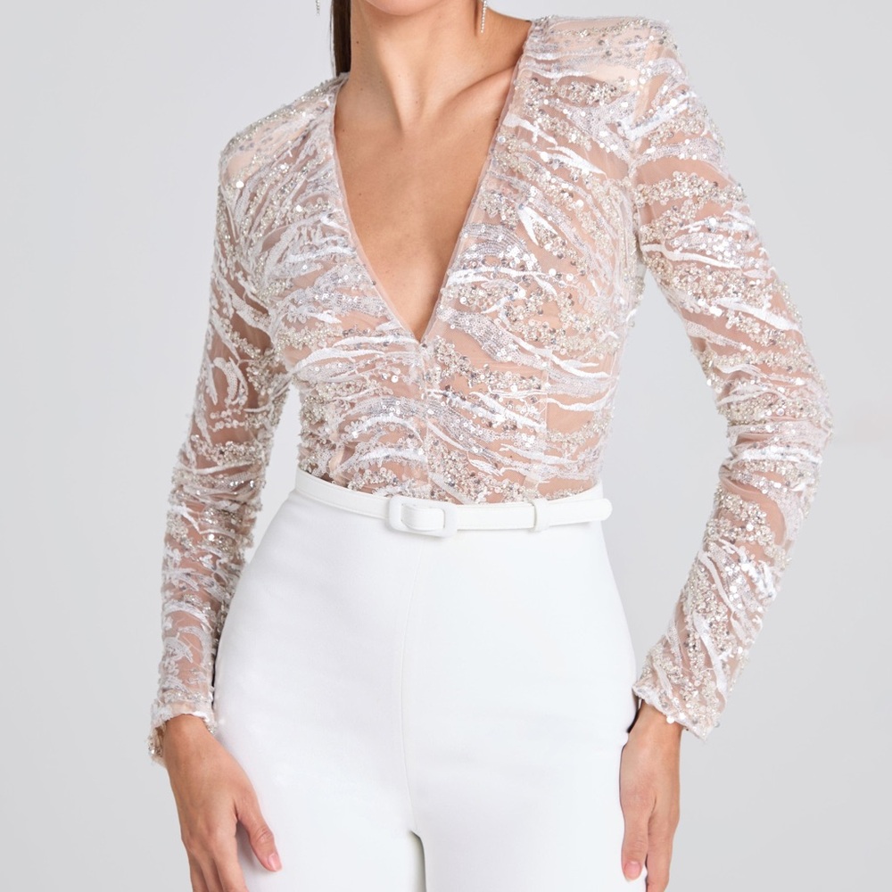 Beautiful Nadine Merabi White Jumpsuit with Sequins and Feather Cuff Trim